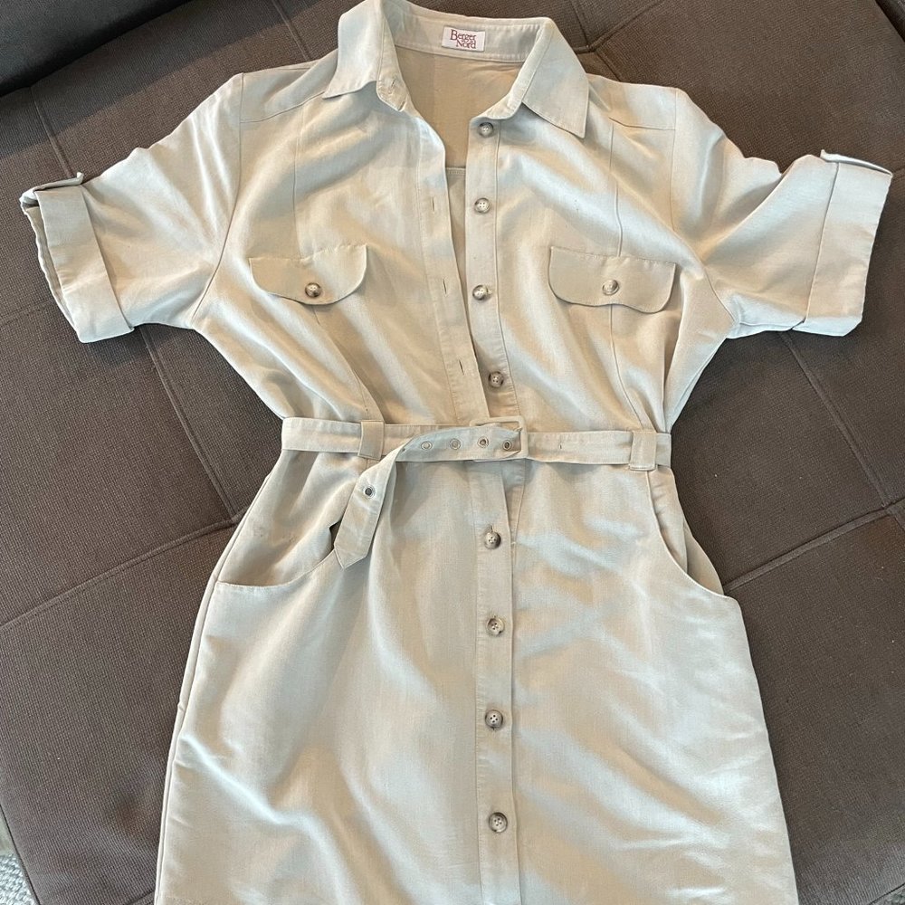 Short Sleeve Shirt Dress / Cream Color / Button Up with Belt